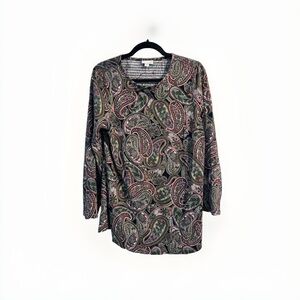 J. Jill Womens Top Smocked Back Paisley Green 3/4 Sleeve Cotton Rayon Size M